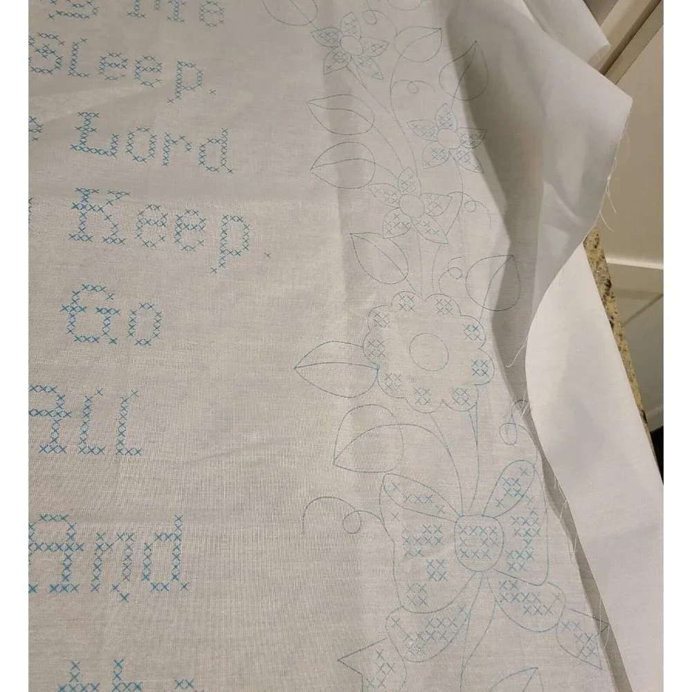 Vtg Cross Stitch Baby Crib Quilt Now I Lay Me Down to Sleep Cat Angel Dog Bear